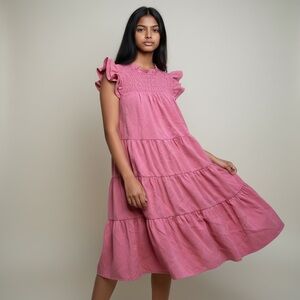 Hailey & Co Women Small Pink Bohemian Ruffle Pleat Sleeveless Summer Midi Dress